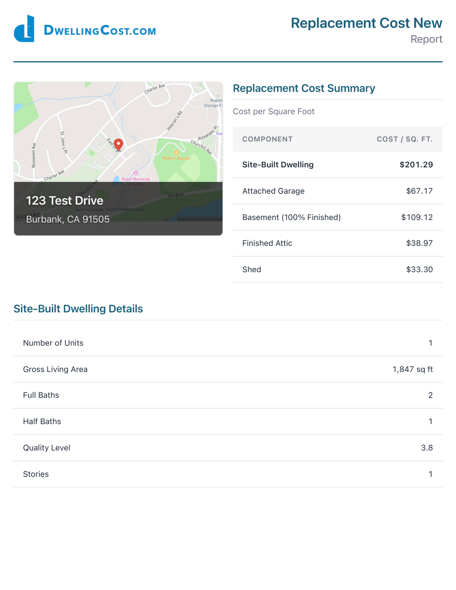 First page of a sample DwellingCost replacement cost report for 123 Test Drive, Burbank